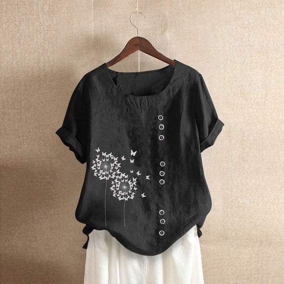 Babysbule Women's Tops Womens Casual Loose Button Linen Plus Size Print Boho Tanic Shirt Blouse Tops