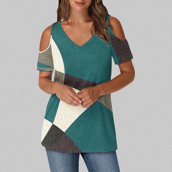 Babysbule Women's Color Block Printed V-Neck Off Shoulder Top Short Sleeve Casual Blouse Fashion Comfy Summer T-Shirt