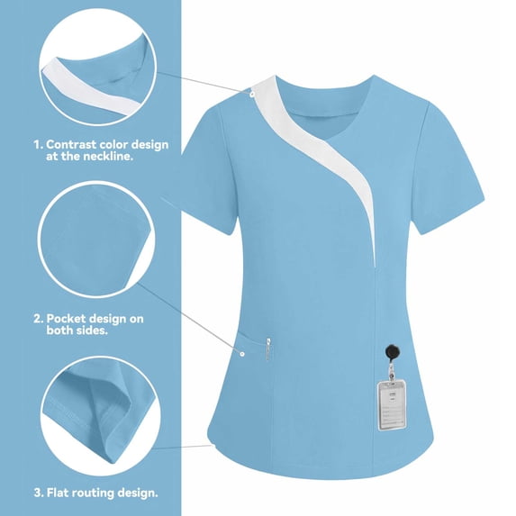 Babysbule Women's Color Block V-Neck Short Sleeve Scrub Top, Stretch Polyester Blend Caregiver Uniform with Pockets for Medical and Daily Wear