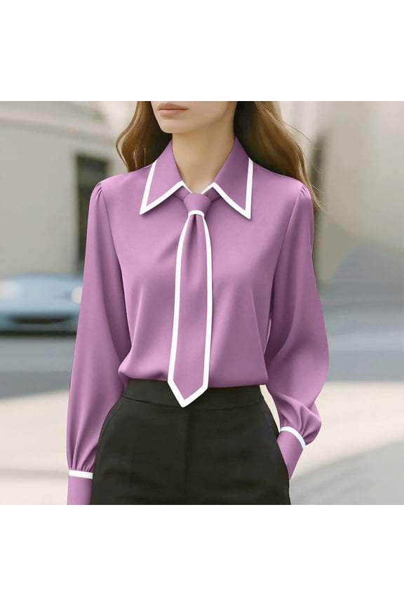 Women's Contrast Trim Tie Neck Collared Blouse Long Sleeve Casual Shirt 95% Polyester 5% Spandex Loose Fit Top for Office and Daily Wear