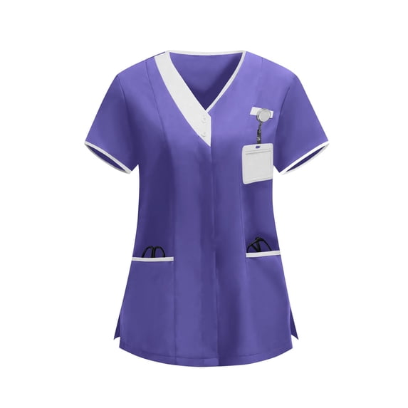 Babysbule Women's Contrast Trim V-Neck Scrub Top with Pockets, Breathable Medical Uniform Shirt for Healthcare Professionals