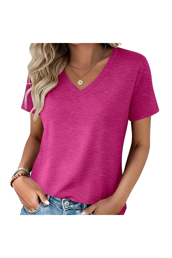 Women's Cotton Blend V-Neck Short Sleeve Casual Top Relaxed Fit Everyday Tee for Daily Wear and Office Outings