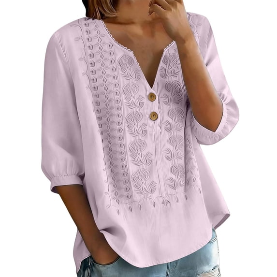 Babysbule Women's Cotton Embroidered Notch V-Neck Elbow Length Sleeve Casual Boho Top for Daily and Weekend Wear