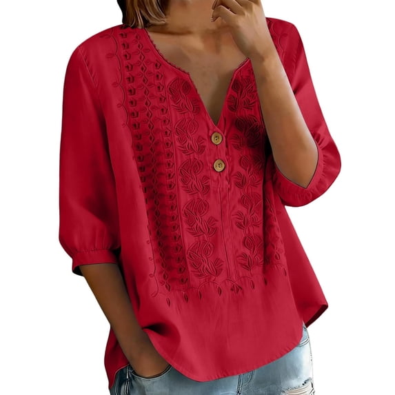 Babysbule Women's Cotton Embroidered Notch V-Neck Elbow Length Sleeve Casual Boho Top for Daily and Weekend Wear