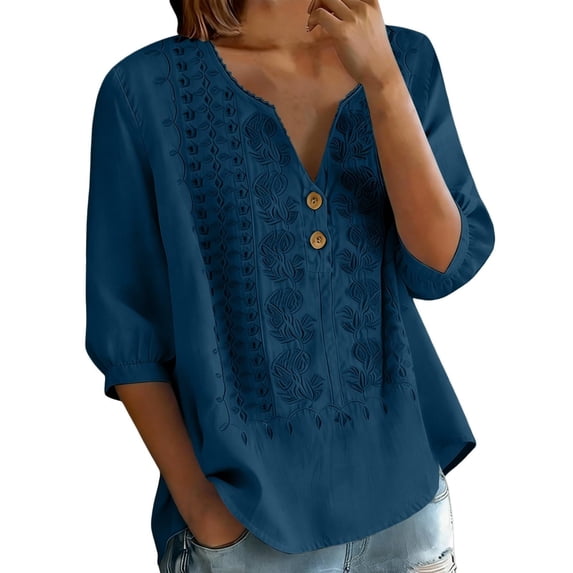 Babysbule Women's Cotton Embroidered Notch V-Neck Elbow Length Sleeve Casual Boho Top for Daily and Weekend Wear