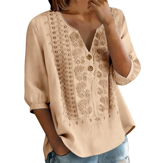 Babysbule Women's Cotton Embroidered Notch V-Neck Elbow Length Sleeve Casual Boho Top for Daily and Weekend Wear