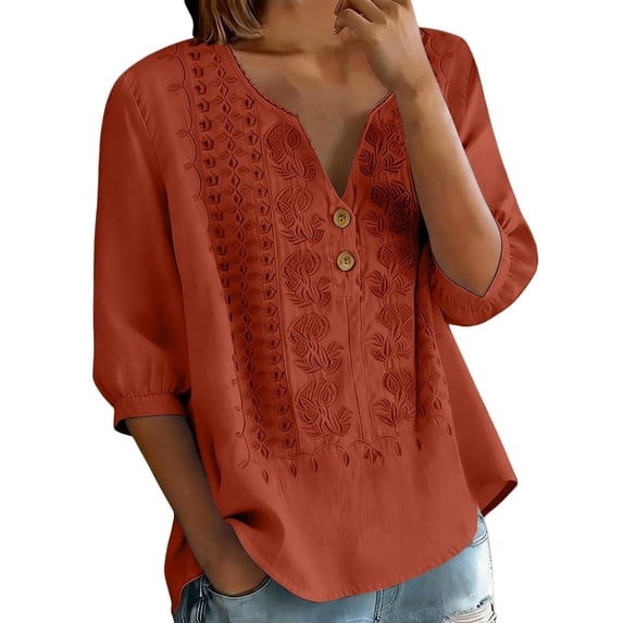 Babysbule Women's Cotton Embroidered Notch V-Neck Elbow Length Sleeve Casual Boho Top for Daily and Weekend Wear