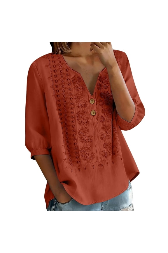 Women's Cotton Embroidered Notch V-Neck Elbow Length Sleeve Casual Boho Top for Daily and Weekend Wear