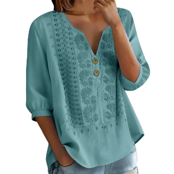Babysbule Women's Cotton Embroidered Notch V-Neck Elbow Length Sleeve Casual Boho Top for Daily and Weekend Wear