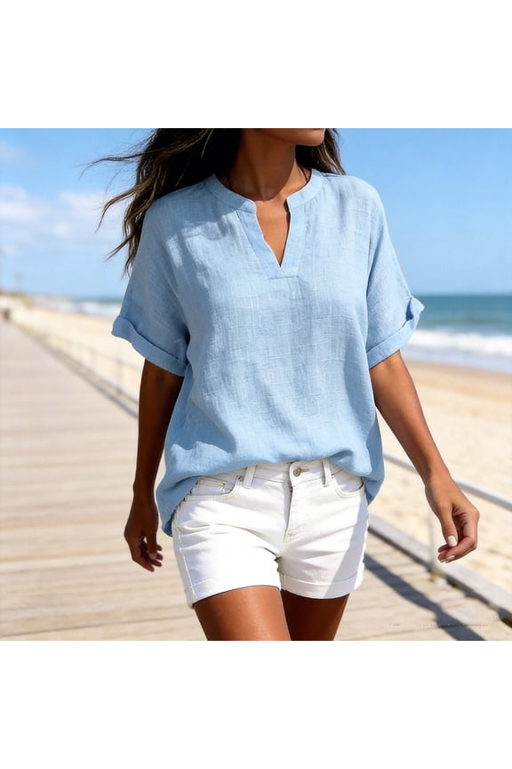 Women's Cotton Linen Blend Notch V-Neck Blouse Short Sleeve Casual Top for Daily Office and Weekend Wear