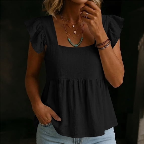 Babysbule Women's Cotton Linen Square Neck Ruffle Flutter Sleeve Blouse Casual Top for Daily Wear and Vacation Outings