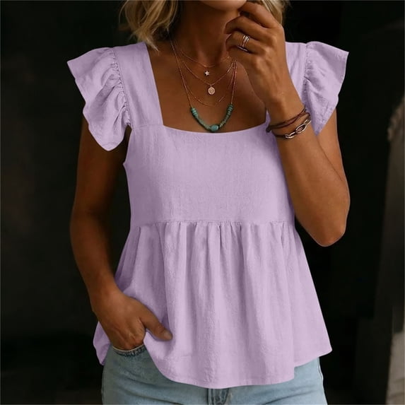 Babysbule Women's Cotton Linen Square Neck Ruffle Flutter Sleeve Blouse Casual Top for Daily Wear and Vacation Outings