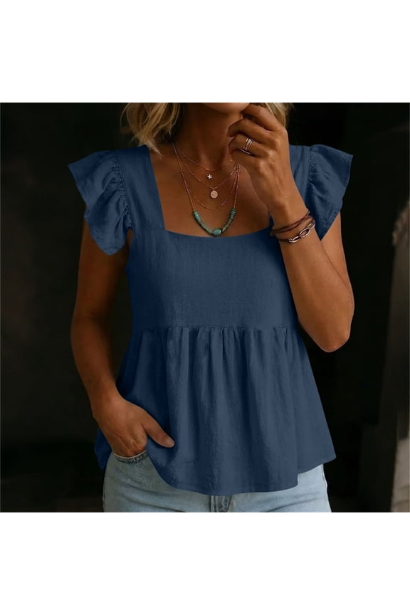 Women's Cotton Linen Square Neck Ruffle Flutter Sleeve Blouse Casual Top for Daily Wear and Vacation Outings