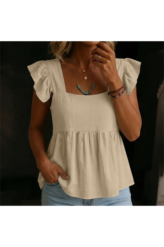Women's Cotton Linen Square Neck Ruffle Flutter Sleeve Blouse Casual Top for Daily Wear and Vacation Outings
