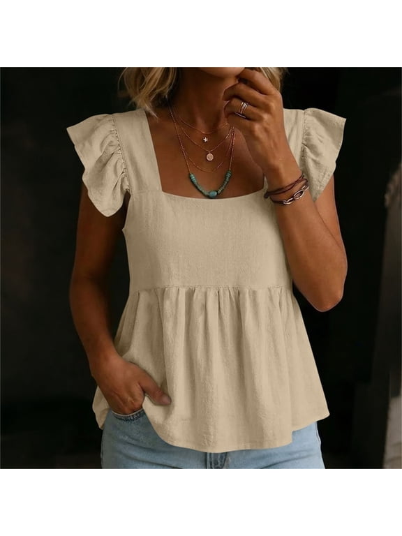 Women's Cotton Linen Square Neck Ruffle Flutter Sleeve Blouse Casual Top for Daily Wear and Vacation Outings