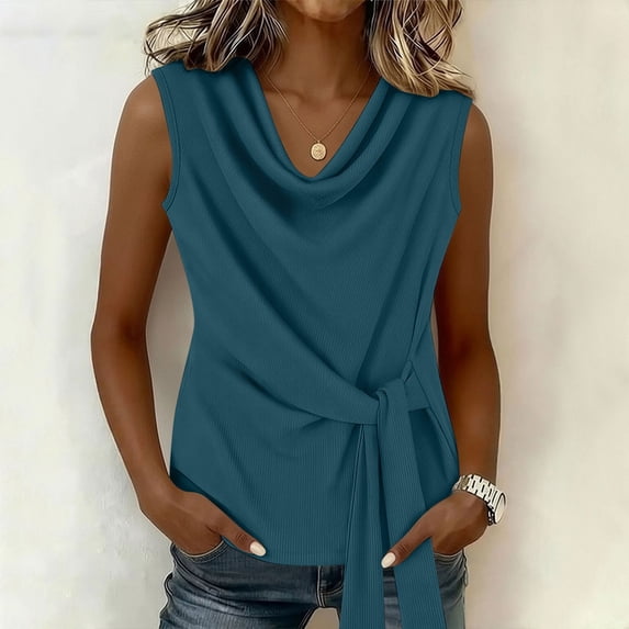 Babysbule Women's Cowl Neck Sleeveless Ribbed Knit Tank Top Side Tie Slim Fit Casual Summer Blouse for Women