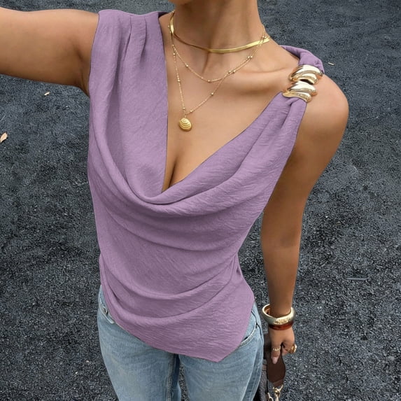 Babysbule Women's Cowl Neck Sleeveless Top with Metal Detail Asymmetric Hem Ruched Casual Summer Blouse for Women