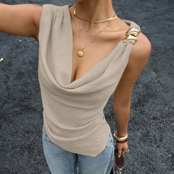 Babysbule Women's Cowl Neck Sleeveless Top with Metal Detail Asymmetric Hem Ruched Casual Summer Blouse for Women