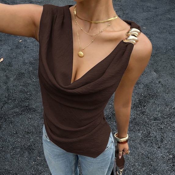 Babysbule Women's Cowl Neck Sleeveless Top with Metal Detail Asymmetric Hem Ruched Casual Summer Blouse for Women
