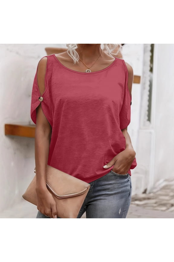 Women's Crew Neck Cold Shoulder Top with Button Detail and Tie Back for Everyday Casual Wear