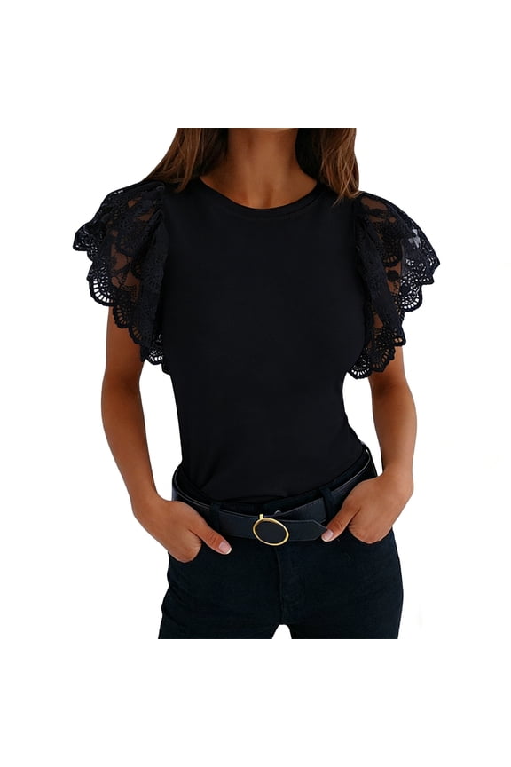 Women's Crew Neck Lace Flutter Sleeve Blouse 100% Polyester Slim Fit Casual Dressy Summer Top
