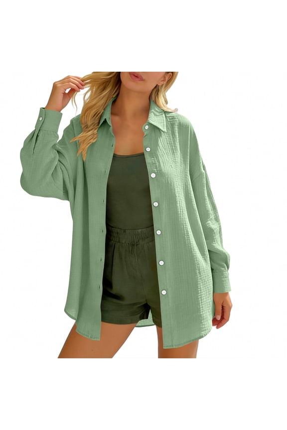 Women's Crinkled Gauze Button Down Shirt, Long Sleeve Turn-Down Collar Loose Fit Blouse for Casual Daily & Office Wear
