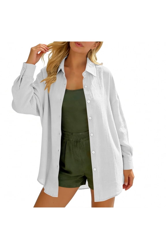 Women's Crinkled Gauze Button Down Shirt, Long Sleeve Turn-Down Collar Loose Fit Blouse for Casual Daily & Office Wear
