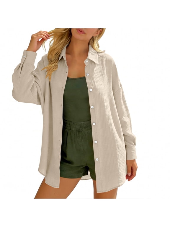 Women's Crinkled Gauze Button Down Shirt, Long Sleeve Turn-Down Collar Loose Fit Blouse for Casual Daily & Office Wear