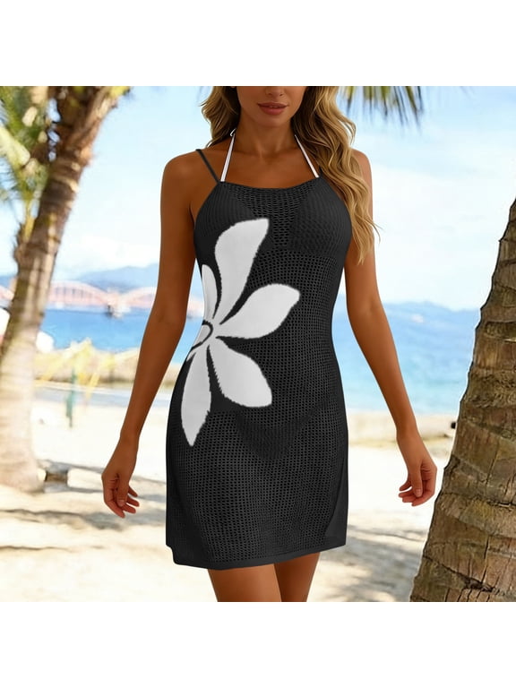 Women's Crochet Knit Floral Beach Cover Up, Sleeveless Mesh Swimsuit Coverup Dress for Summer Vacation