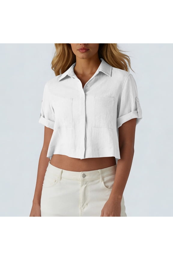 Women's Cropped Button Down Linen Shirt, Short Sleeve Collared Top with Chest Pockets for Summer