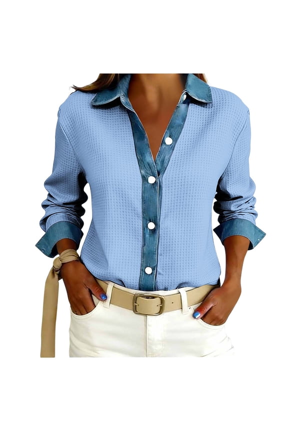 Women's Denim Contrast Collar Waffle Knit Button Down Shirt, Long Sleeve Casual Blouse, Spring Summer Top for Office and Daily Wear