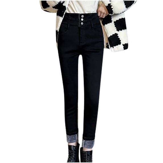 Babysbule Women's Denim Jeans Fashion Leisure High Waisted Plush And Thick Wide Legs Trouers