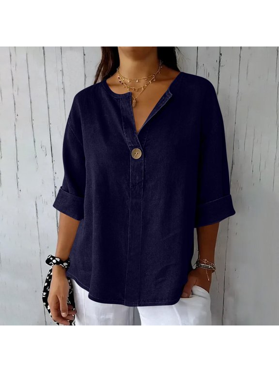 Women's Rolled Cuff Half Sleeve Blouse with Button Detail, Casual Oversized V Neck Tunic Tops for Plus Size