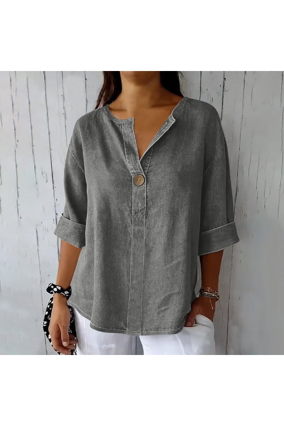 Women's Denim Look Half Sleeve Blouse with Button Detail, Casual Oversized V Neck Tunic Tops for Plus Size