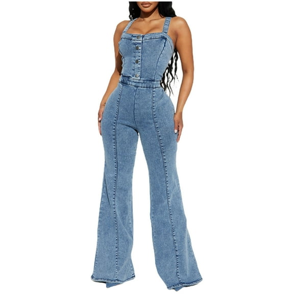 Babysbule Women's Denim Overall Jeans Sleeveless High Waist Fashion Wide Leg Bell-bottoms Jumpsuit Casual Pants
