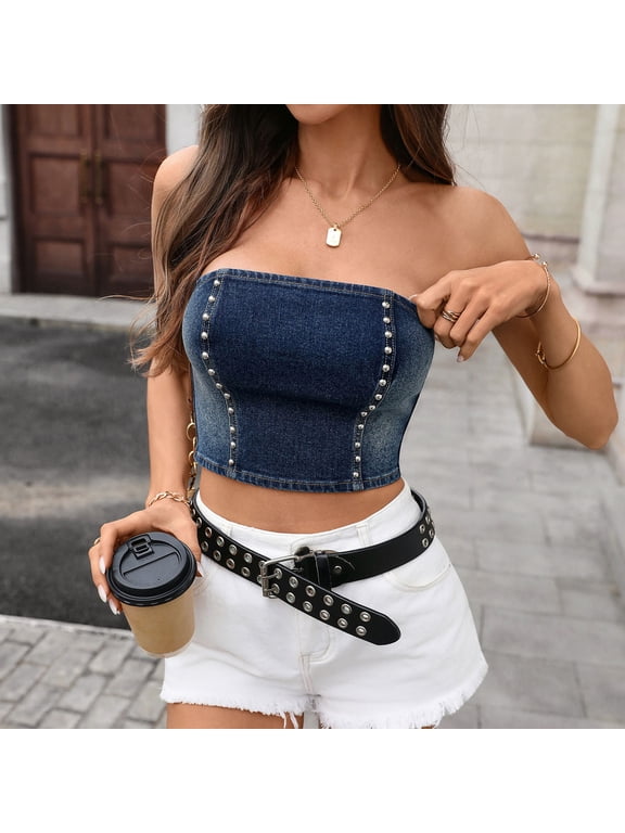 Women's Denim Strapless Tube Top Studded Cropped Backless Zipper Casual Summer Blouse for Party Daily Wear Dating Beach