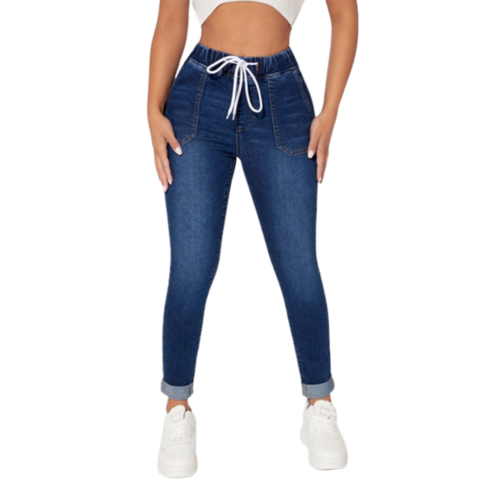 Babysbule Women's Drawstring Jeans Elastic Waist High Elastic Small ...