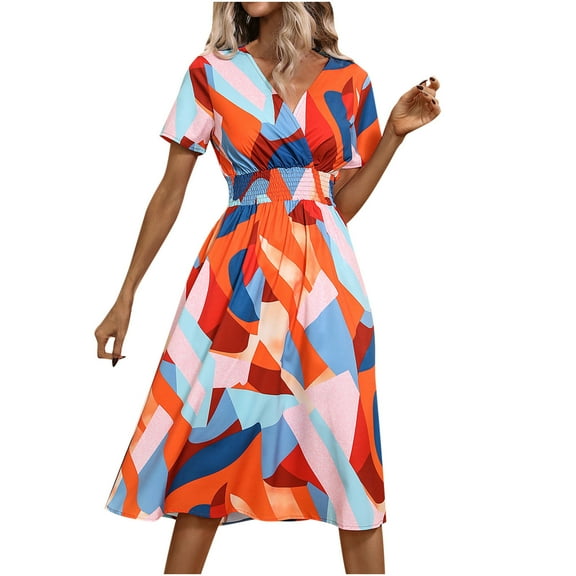 Babysbule Women's Dress Summer Woman Fashion Pattern Printing V-neck Short Sleeve Dress