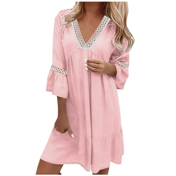 Babysbule Women's Dress 2024 Summer Womens Casual Short Sleeve V Neck Solid Pagoda Sleeve Dresses Loose Dress