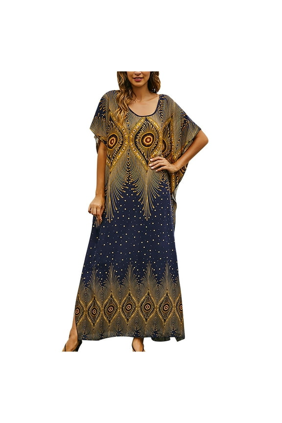 Women's Dress Summer Womens Flare Sleeve V-Neck Long Robe Loose Beach Floral Pattern Printed Long Maxi Dress