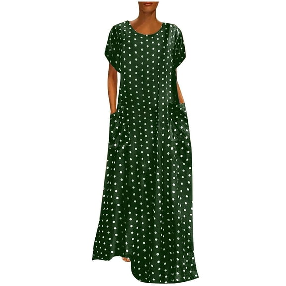 Babysbule Women's Dress Women Plus Size Loose Short Sleeve Holiday Pockets Polka Dot Print Maxi Dresses