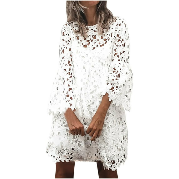 Babysbule Women's Dress Women's Dress O-neck Lace Flared Sleeve Ruffle Dress Lace Blouse With Straps