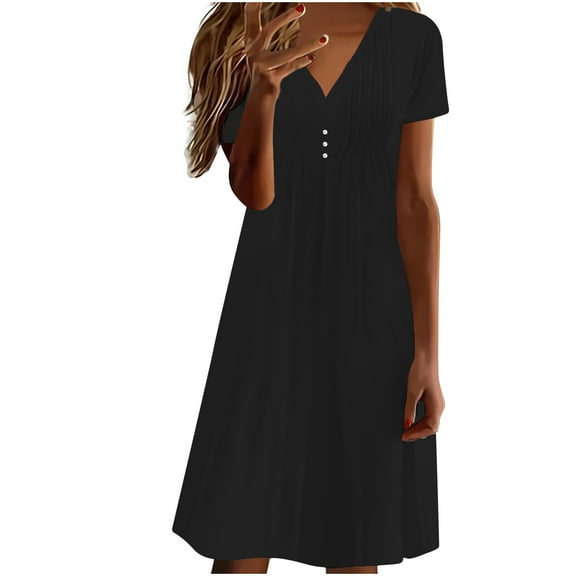 Babysbule Women's Dress Summer Women's Summer Solid Color Fashion Causal V-Neck Short Sleeve Vacation Button Dress