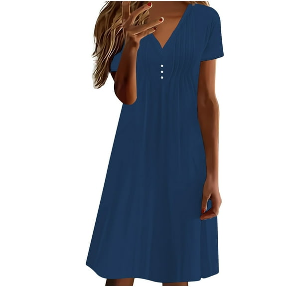 Babysbule Women's Dress Summer Women's Summer Solid Color Fashion Causal V-Neck Short Sleeve Vacation Button Dress