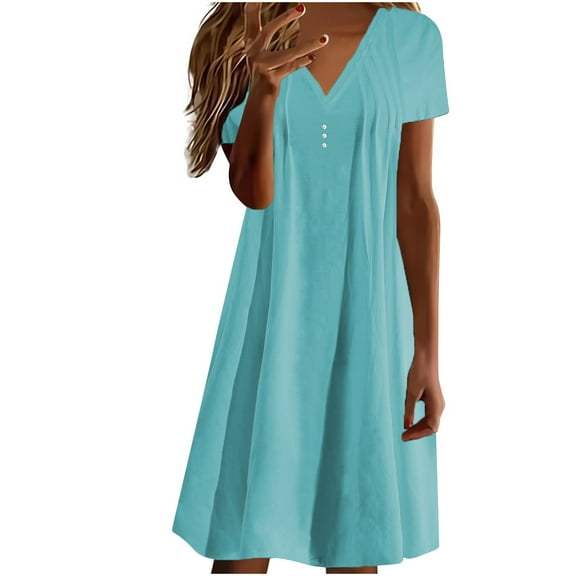 Babysbule Women's Dress Summer Women's Summer Solid Color Fashion Causal V-Neck Short Sleeve Vacation Button Dress