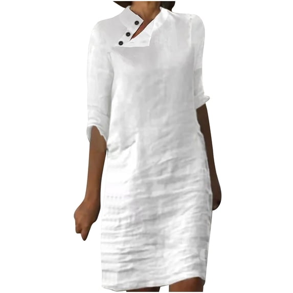 Babysbule Women's Dress Summer Womens Fashion Casual Solid Color Mid-Sleeve Cotton Linen Long Button Dress