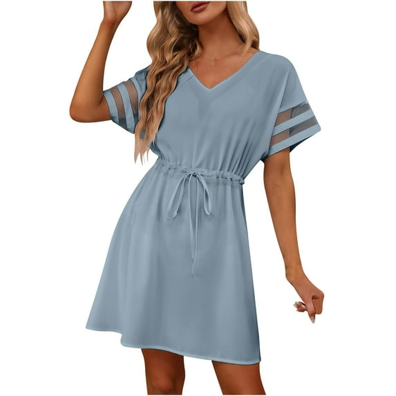 Babysbule Women's Dress New Summer Womens Fashion V-Neck Lace Short Sleeve Solid Pullover Short Dress