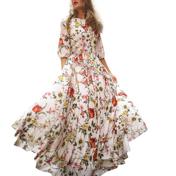 Babysbule Women's Dress Women Casual Half Sleeve Boho Dresses Swing Floral-Printed Holiday Maxi Dresses