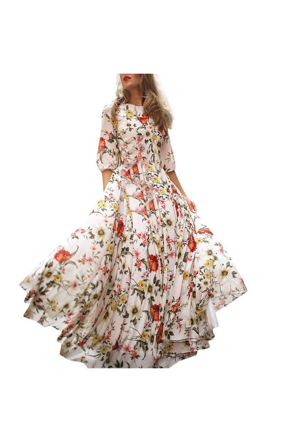 Women's Dress Women Casual Half Sleeve Boho Dresses Swing Floral-Printed Holiday Maxi Dresses