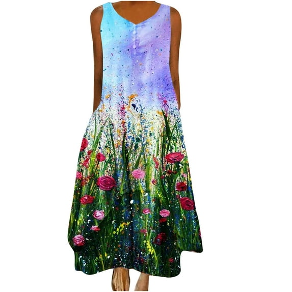 Babysbule Women's Dress Women Fashion Printed Casual Gradient O-Neck Sleeveless Plus Size Long Dress